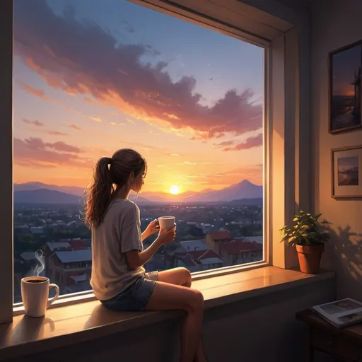 Prompt: Create a laptop wallpaper girl sitting on the windowsill staring outside at the sunset sipping coffee and drawing the sunset.