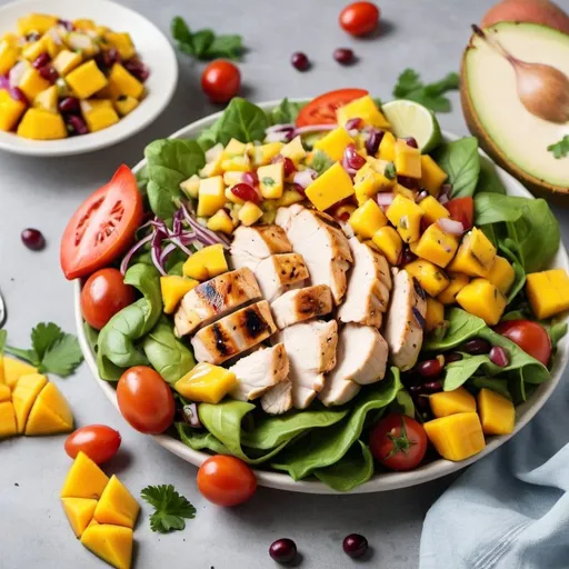 Prompt: 	Grilled Chicken Salad with Mango Salsa and mango pieces next toplte
