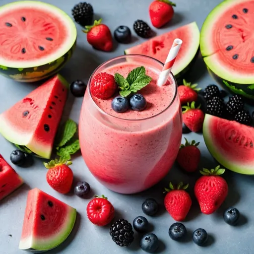 Prompt: watermelon berry smoothie with fruits around