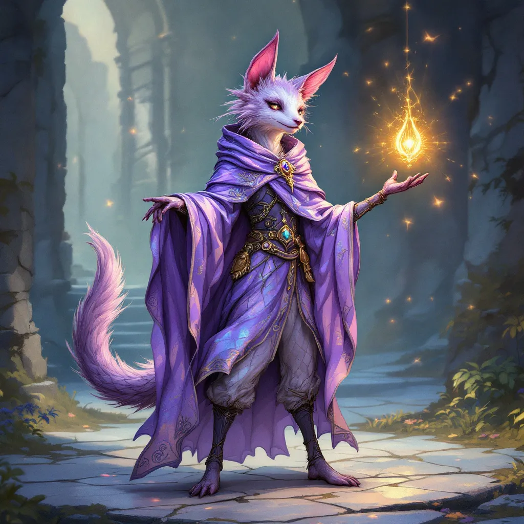 Prompt: A  female canine-like kobold bard who casts healing magic by dancing. Purple and pink hues on her scales