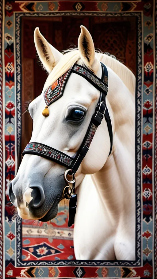 Prompt: an white arabic horse head with a islamic designed carpet as a background
