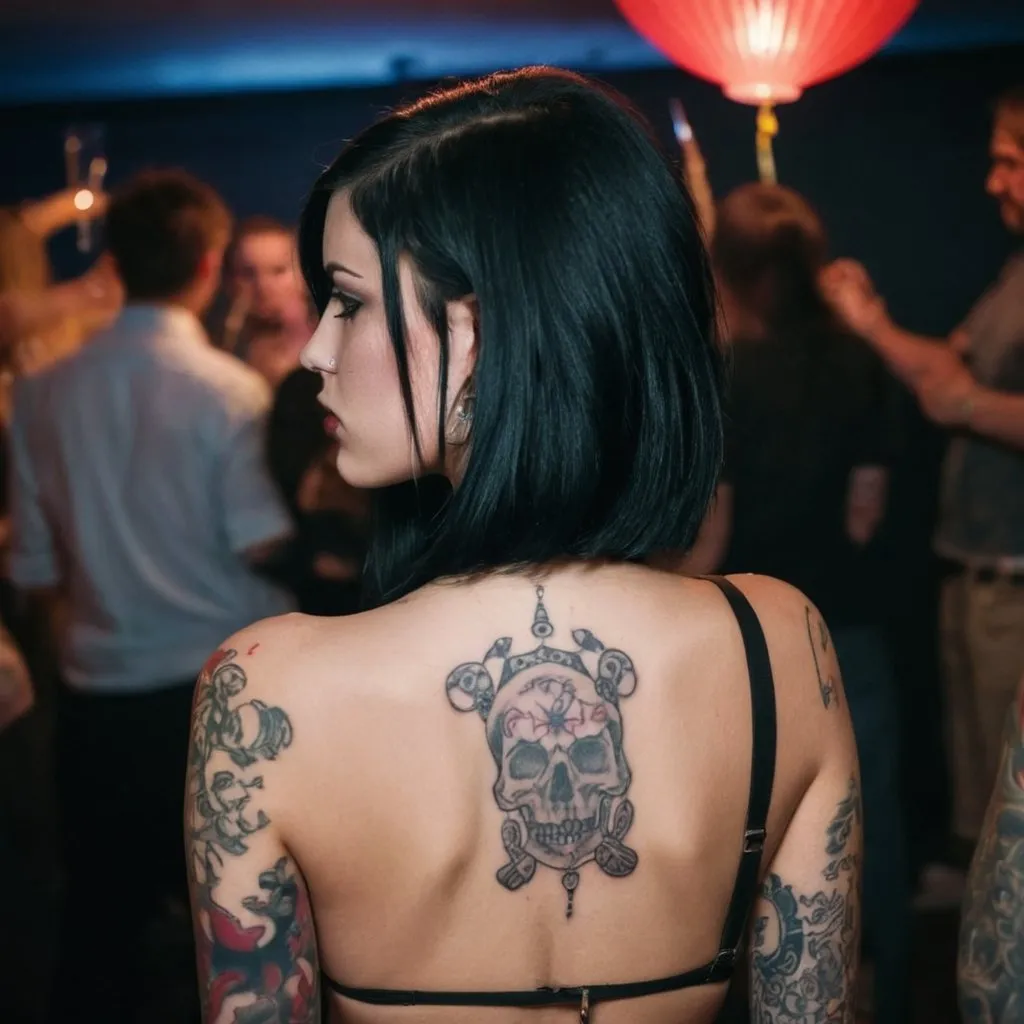 Prompt: Young woman with tattoos and piercings black hair from. Behind at a party scene dark setting 