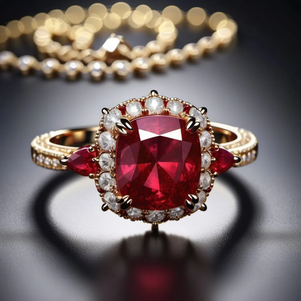 Prompt: 5.2 cushion cut engagement ring and necklace, adorned with a pigeon blood natural ruby, exquisite hidden halo design, rich gold setting, luxurious and elegant ambiance, soft warm lighting, intricate details emphasizing craftsmanship, high contrast showcasing brilliance of the gemstones, ultra-detailed, beautifully composed, magical sparkle and reflections, opulent jewelry display, enchanting atmosphere.