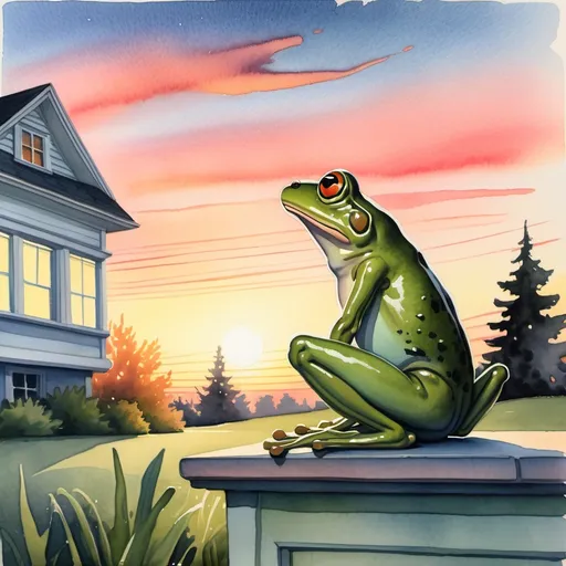 Prompt:  in front of a quaint, quiet suburban home A single frog hops away at sunset. The sky is a soft , trees still, windows glowing warmly. The frog sits in profile, its throat expanded mid-croak. Peaceful, almost magical mood, gouache watercolor