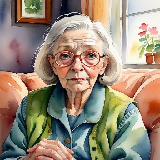 Prompt:  In a quiet suburban home A lonely elderly woman,  sits on a cozy couch, subtly frog-like facial features wide-set eyes, gentle jowls eyes fixed in a quiet trance, a warm, nostalgic atmosphere., windows glowing warmly. Peaceful, almost magical mood, gouache watercolor