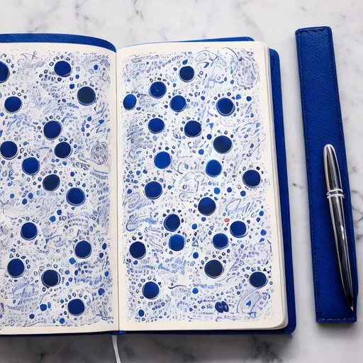 Prompt: A blue book, covered with doodles of eyes.
