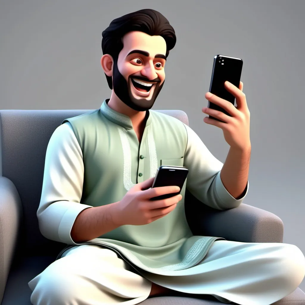 Prompt: a man who wear kameez shalwar and watching reels in his mobile siiting on bad and laughing  3d image 3d animation