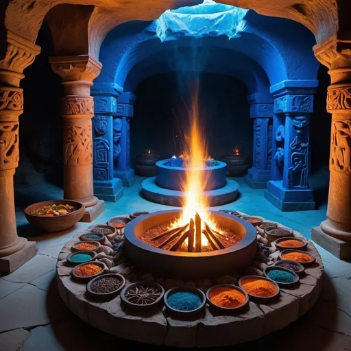 Prompt: The ancient cooking method of Atlantis, featuring a mystical fire pit surrounded by intricate stone carvings, emitting vibrant blue flames that dance with otherworldly energy. The flames lick at the air, casting ethereal shadows on the surrounding cavern walls adorned with ancient runes and symbols, hinting at lost knowledge. The air is thick with the aroma of exotic spices and herbs, as unseen hands expertly prepare a feast fit for the gods. Photography, using a high-resolution DSLR camera with a wide-angle lens to capture the intricate details and vibrant colors of the scene, --ar 16:9 --v 5