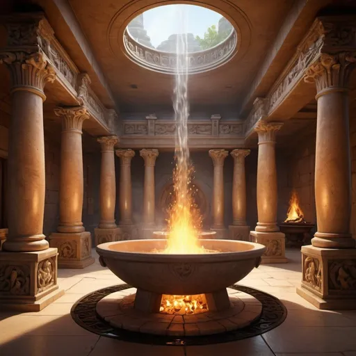 Prompt: Within the heart of Atlantis lies the sacred cooking method, a marvel of engineering and magic. The chamber is bathed in a soft, golden glow emanating from the central fire pit, which burns with a steady and soothing flame. Elaborate stone pillars adorned with intricate carvings surround the chamber, depicting scenes of mythical creatures and legendary heroes. Water cascades down from hidden channels, adding a serene ambiance to the environment. The air is filled with a sense of reverence and anticipation as skilled cooks prepare delicacies using age-old techniques. Illustration, rendered digitally with attention to detail in the mystical elements and architectural design, --ar 16:9 --v 5