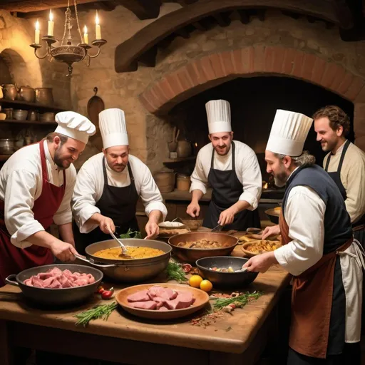 Prompt: A historical cooking scene set in a bustling medieval kitchen, with chefs and servants preparing a grand feast for royalty, filled with aromas of roasted meats and spiced dishes, pots and pans clanging, tables laden with colorful ingredients and elaborate utensils, capturing the energy and excitement of culinary mastery, Photography, high-resolution digital image with a full-frame DSLR camera using a 50mm prime lens, --ar 16:9 --v 5