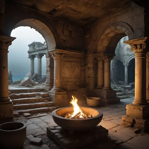 Prompt: Amidst the ruins of Atlantis, the remnants of the once-great civilization's cooking method stand as a testament to its glory. The fire pit, now weathered and worn, flickers with a dim ember glow, casting eerie shadows on the crumbling stone walls adorned with faded murals depicting ancient feasts and ceremonies. The air is heavy with a sense of melancholy and nostalgia, as if the ghosts of Atlantis' past linger among the ruins. Despite the decay, a few brave souls gather to revive the ancient culinary traditions, their determination shining like a beacon of hope in the darkness. Photography, utilizing a macro lens to capture the intricate textures and weathered surfaces of the scene, --ar 16:9 --v 5