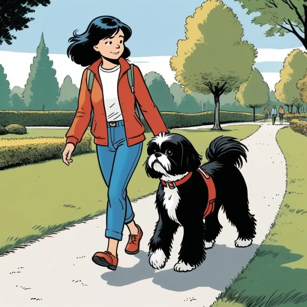 Prompt: Young teenage girl walking with her black shih tzu with white streak on its chest in a park, 2d comic book panel, in the style of Tintin by Hergé