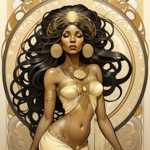 Prompt: Alphonse Mucha Style, art nouveau illustration of a full body african woman, long black hair, thick lines, intricate details, gold and ivory