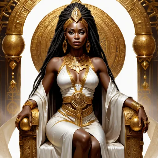 Prompt: Fantasy art style african queen, tribal, sitting on throne, elaborate gold jewelry, long white robes