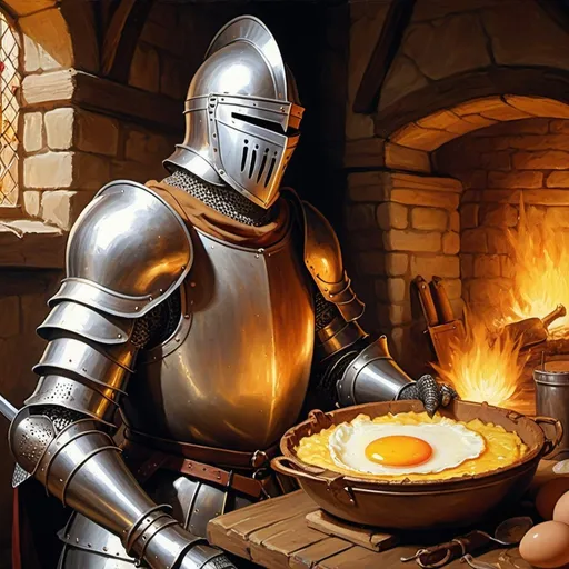 Prompt: Knight frying egg, medieval oil painting, detailed armor and weapons, warm and rustic color tones, dynamic lighting, high quality, oil painting, medieval, detailed armor, warm color tones, dynamic lighting, knight, frying egg, rustic atmosphere
