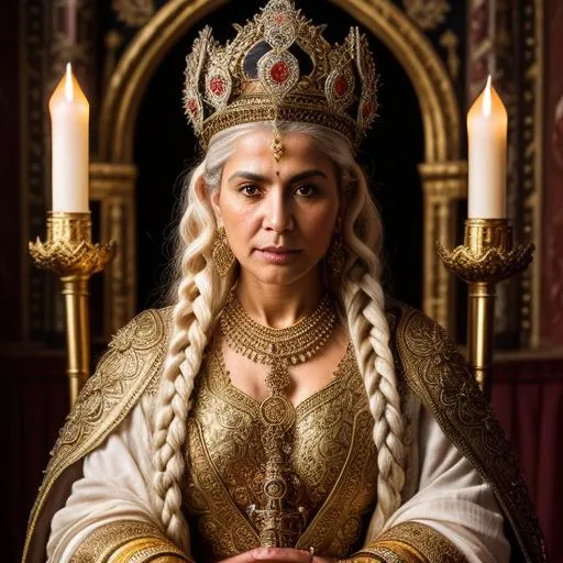 Prompt: Baroque-style portrait of an elderly Persian warrior-healer woman, ornate medieval armor, complex braided white hair, surrounded by potions and tinctures, holding a magic staff, wearing a Russian medieval crown, intricate details, rich colors, baroque style, opulent textures, elaborate ornaments, regal atmosphere, dramatic lighting