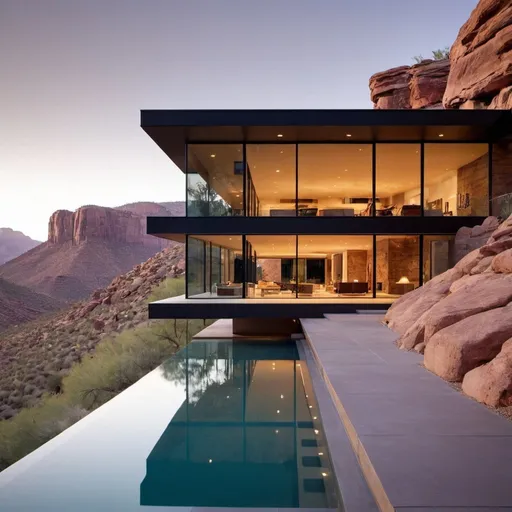 Prompt: A gorgeous house glass windows in side of mountain in Arizona with infinity pool 