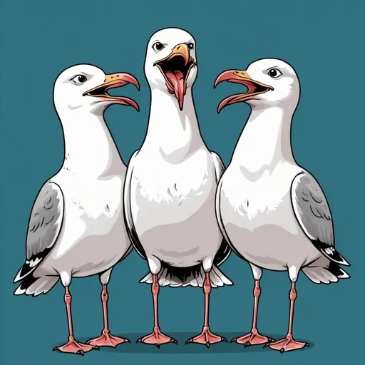 Prompt: Illustration of three seagulls doing stand up comedy. Each of them are holding a mic 