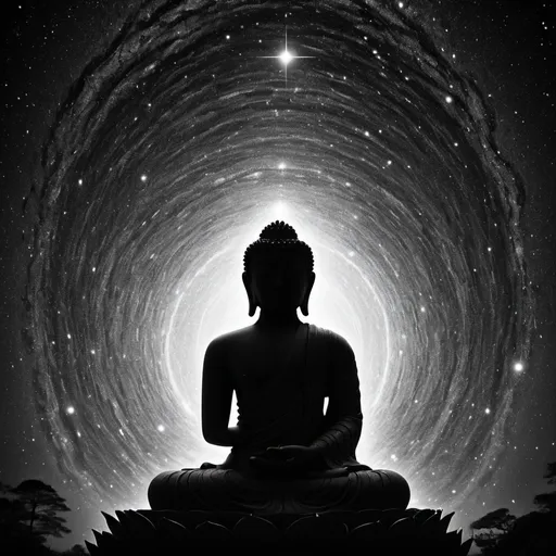 Prompt: Black and white Buddha rear facing silhouette half size  is sitting at the bottom inside of the photo viewing the universe as a much larger star field fuzzy edged elliptical portal from the back