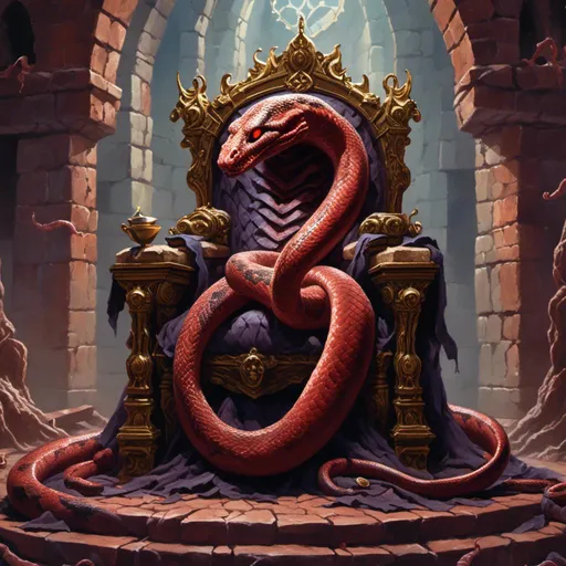 Prompt: <mymodel> Bagel the demon snake: a small snake with a bagel on his neck on a throne in a castle.