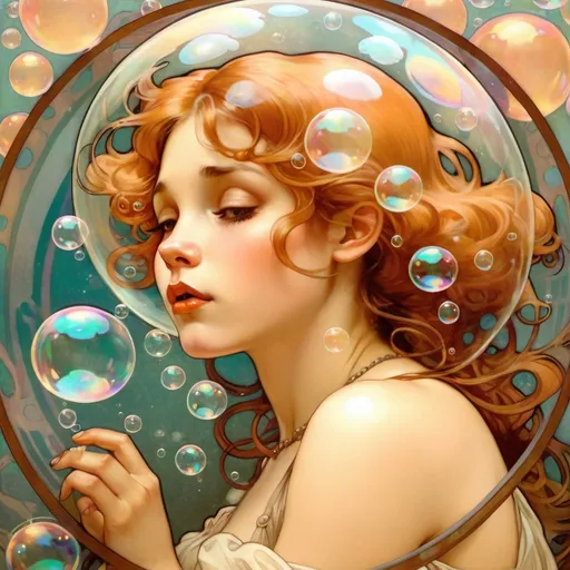 Prompt: Pretty girl stuck in a bubble with few bubbles around her 