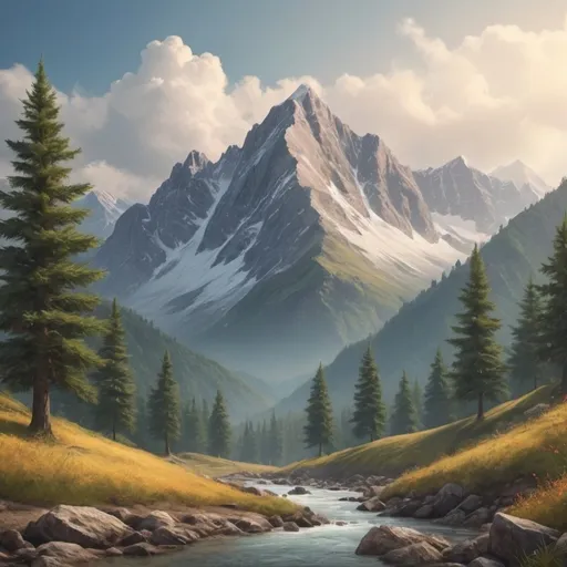 Prompt: Create a mountain scene that is inspiring and relaxing

