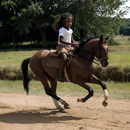 Prompt: 7 year old mixed blood African girl riding a galloping horse. Picture from the side. 

