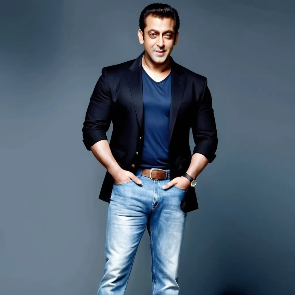 Prompt: salman khan in black blazer white tshirt and blue jeans