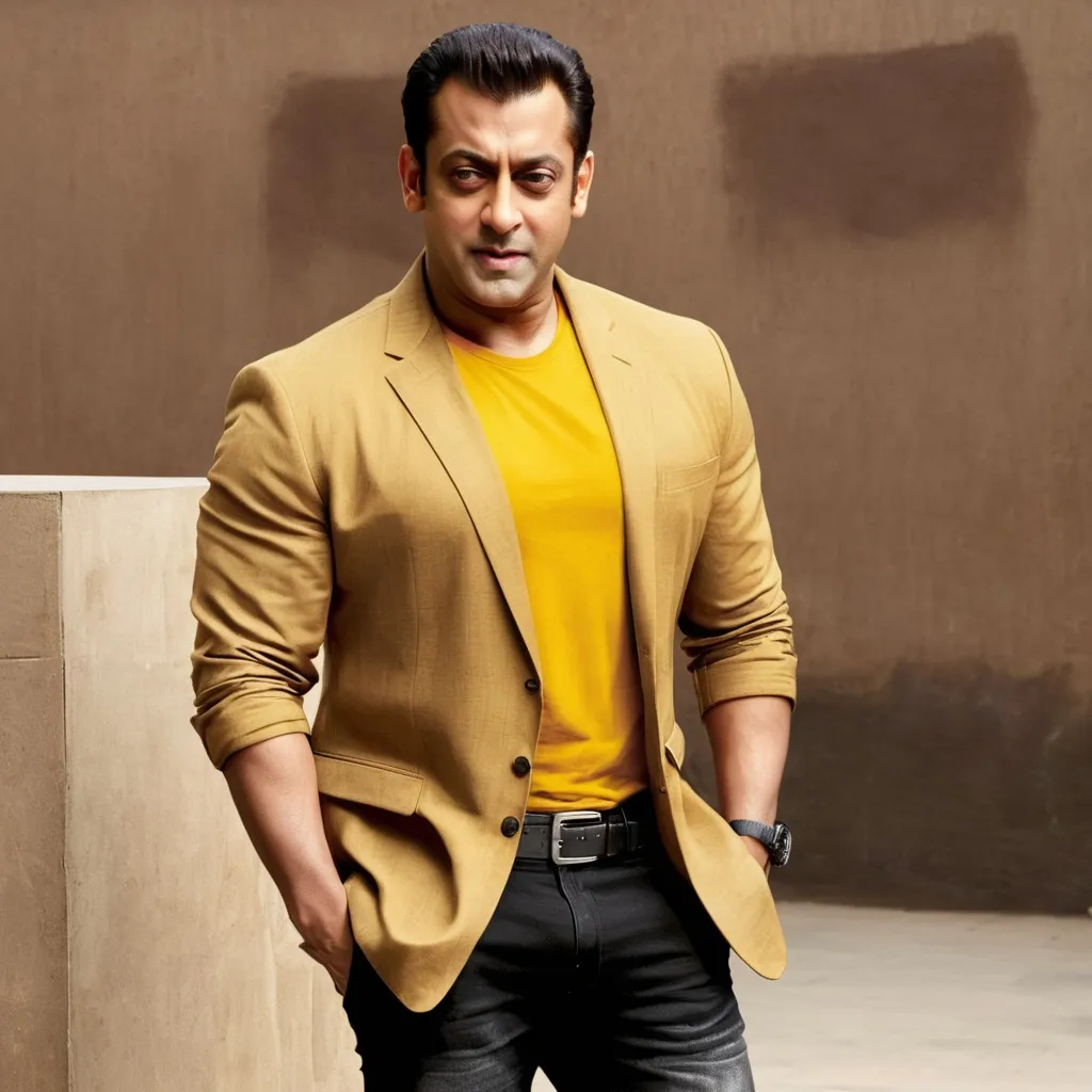 Prompt: salman khan in brown blazer yellow tshirt and black   jeans