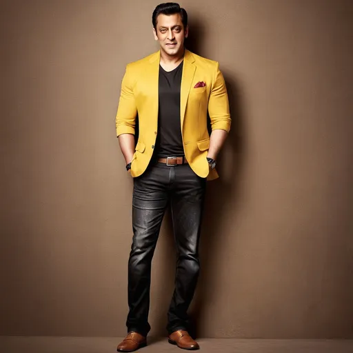 Prompt: salman khan in brown blazer yellow tshirt and black   jeans