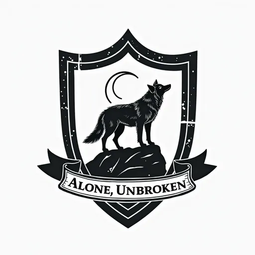 Prompt: Design a simple, black-and-white family crest showing a lone wolf standing on a rock inside a traditional shield. Add a crescent moon in the background and a banner beneath the shield that says 'Alone, Unbroken'. Keep lines bold and shapes clean for easy use as a stamp or patch.
