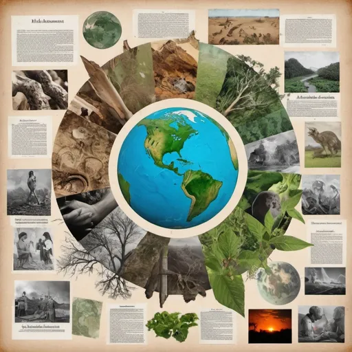 Prompt: Collage artístico sobre problemas relacionados con el medio ambiente e imágenes icónicas históricamente