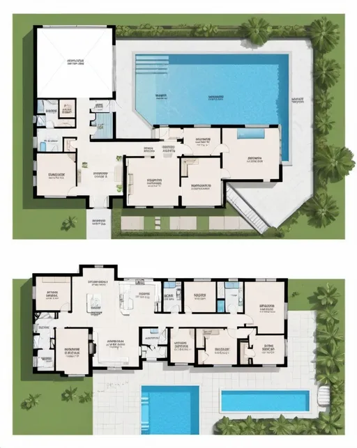 Prompt: luxury home floorplan, backyard, frontyard, pool, 2D vector illustrations, high quality, detailed layout, modern design, professional style, minimalistic, precise lines, clean and crisp, luxurious space, top-notch, well-crafted, artistic floorplan, spacious layout, accurate representation, high-res, polished, architectural, detailed home, clear and precise, professional vector illustration, organized and efficient, minimalistic design