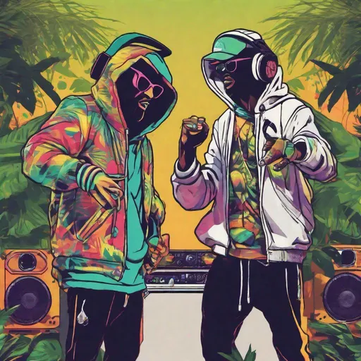 Prompt: 2 hooded ravers dancing jungle music, in front of a speaker, wearing sunglasses and partying