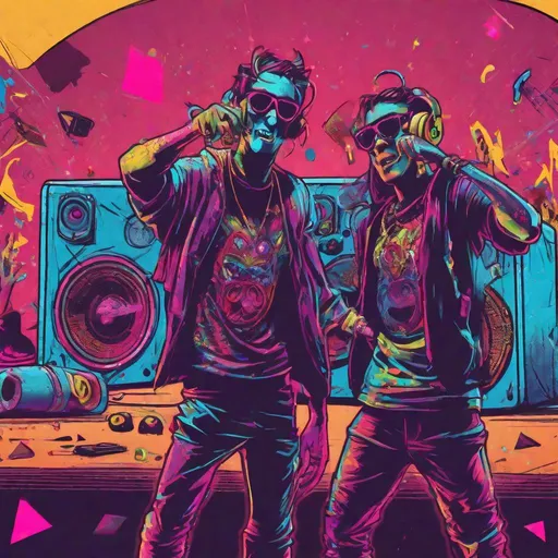 Prompt: 2 raver demons dancing in front of a speaker, wearing sunglasses and partying