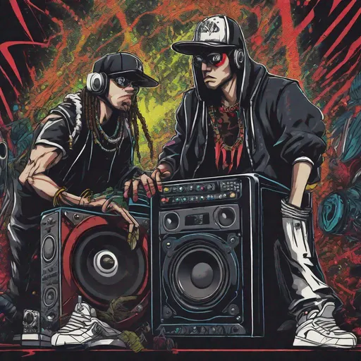 Prompt: 2 ravers demons dancing jungle music, in front of a big speaker, wearing baseball cap under the hood and partying