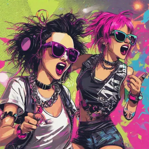 Prompt: 2 raver punk girls dancing in front of a speaker, wearing sunglasses and partying