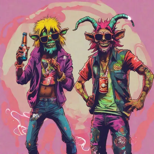 Prompt: 2 raver demons dancing, wearing sunglasses and holding a beer bottle and a cigarette