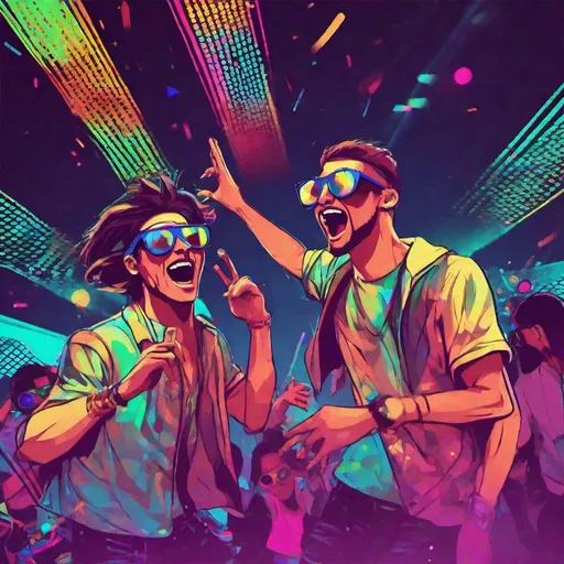 Prompt: 2 raver guys dancing in front of a speaker, wearing sunglasses and partying