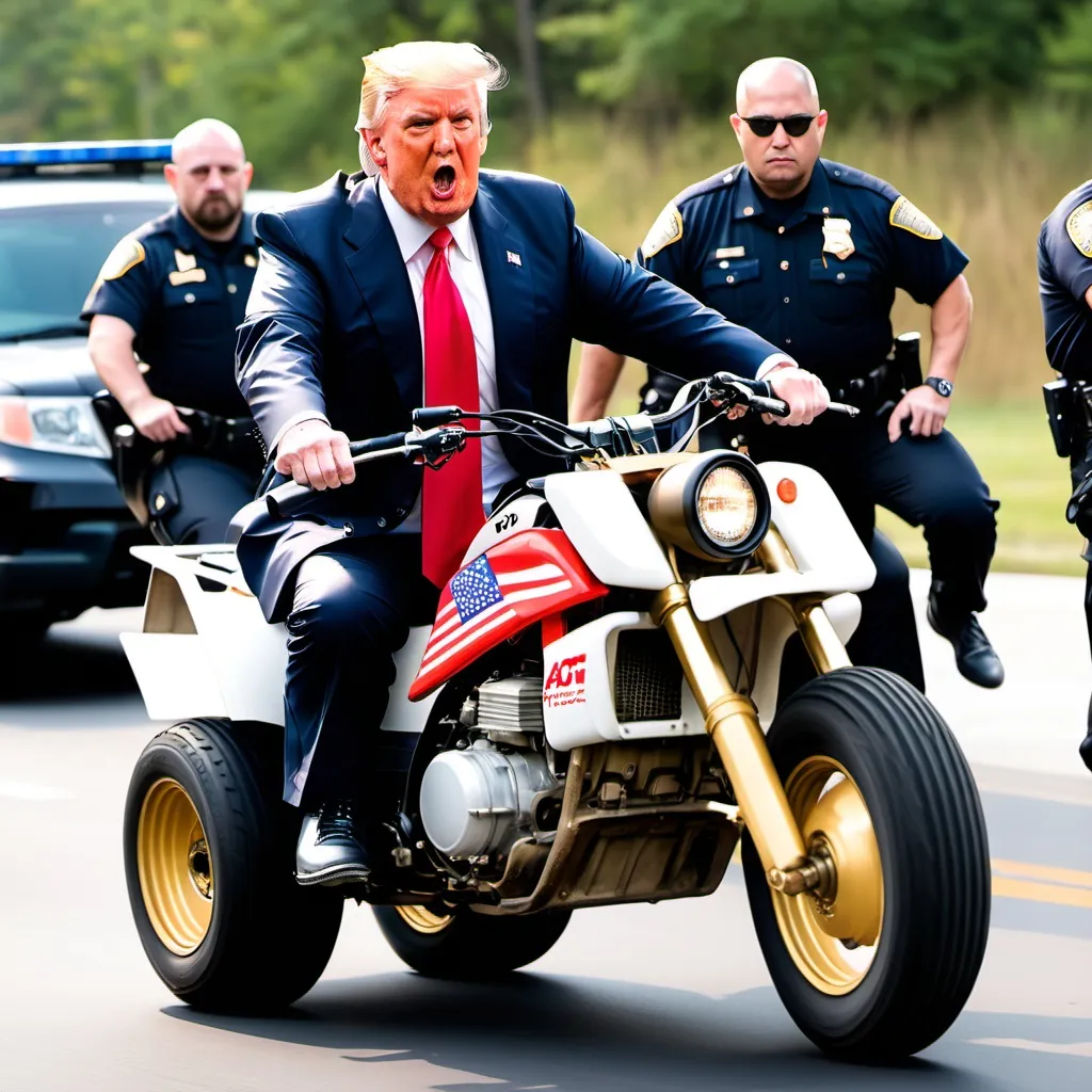 Prompt: donald trump riding a honda atc running from cops