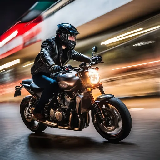 Prompt: a biker in motion, captured with long exposure photography Nikon D850 DSLR camera f/4. ISO 200