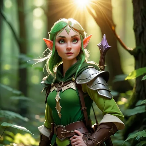 Prompt: Elf ranger in a mystical forest around sunlight