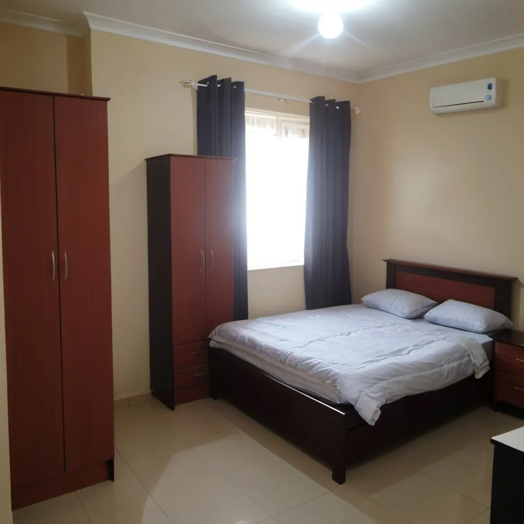 Prompt: 2bedroom ensuit with wardrobe,high bed board, bed side lamp