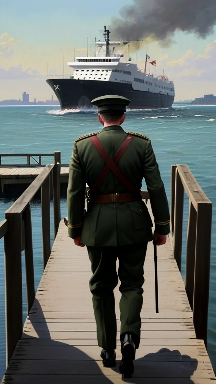 Prompt: a man in military uniform moving towards the harbor, his back to us, a ferry at the end of the dock, an oil painting, 