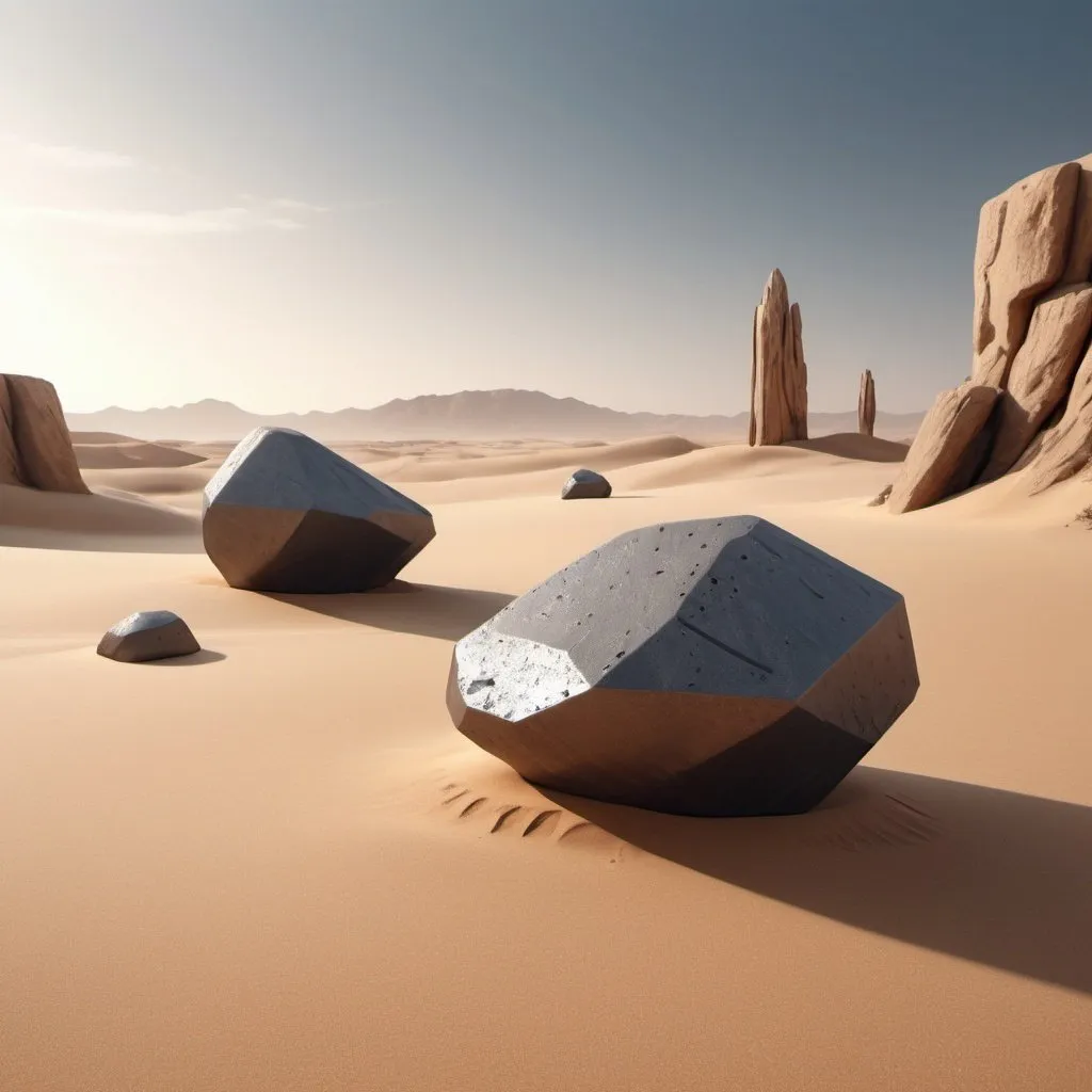 Prompt: Futuristic desert landscape with natural elements, real sand, modern minimalist design, 5 meteorite-like stone sculptures, rectangular shape with 12 surfaces, high quality, 4k, minimalist, futuristic, natural, desert, real sand, 5 meteorite sculptures, rectangular shape, detailed, modern, sleek design, atmospheric lighting