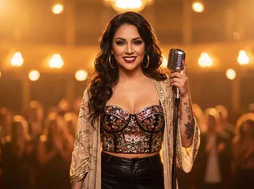 Prompt: A stunning badass Latina pop/R&B singer named Estrella Flores, confident and glamorous, standing under warm golden stage lights holding a vintage microphone. She has long dark wavy hair, smoky eye makeup, deep red lipstick, gold hoop earrings, and subtle feminine tattoos (stars and roses).
radiating strength, independence, and passion. Cinematic Selena-inspired Latin diva aesthetic, soulful atmosphere, high fashion portrait, soft glowing background bokeh, music superstar energy.