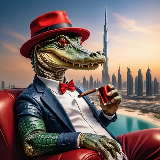 Prompt: Detailed alligator wearing a red hat, smoking a cigar, lounging in Dubai, Burj Khalifa in the background, realistic, high quality, realism, detailed scales, vivid colors, luxurious atmosphere, Dubai skyline, professional lighting