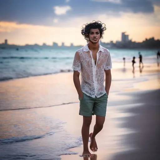 Prompt: beautiful latino man, 18 years old, wavy hair, lace shirt, shorts, sandals, walking on the beach