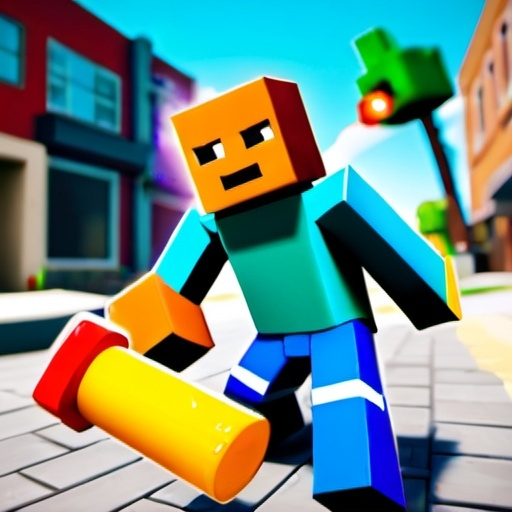 Prompt: a roblox character playing mincraft inside of street fighting with fish stick from fortnite 