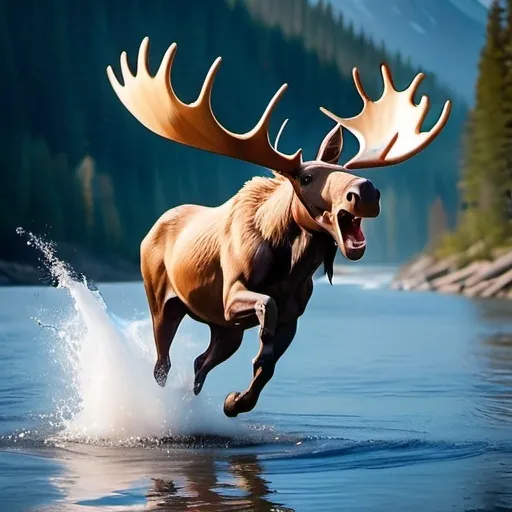 Prompt: a unicorn fish jumping out of the river with a 80 foot tall moose behind 



